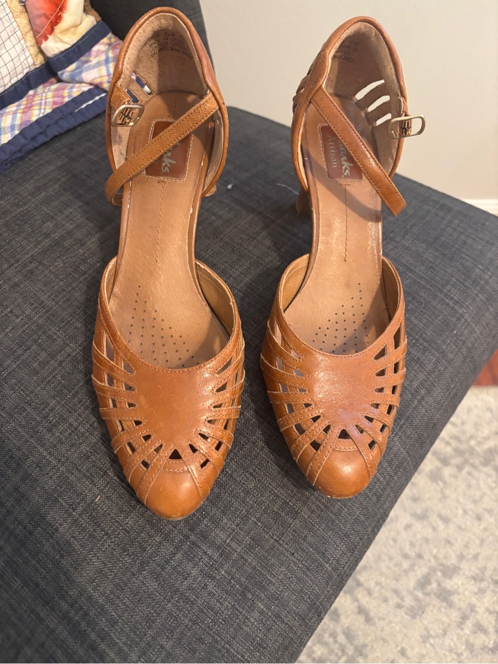 Clarks Tan Leather Cutout Ankle-Strap Heels